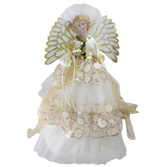 16&#x22; White &#x26; Gold Lighted Angel Christmas Tree Topper